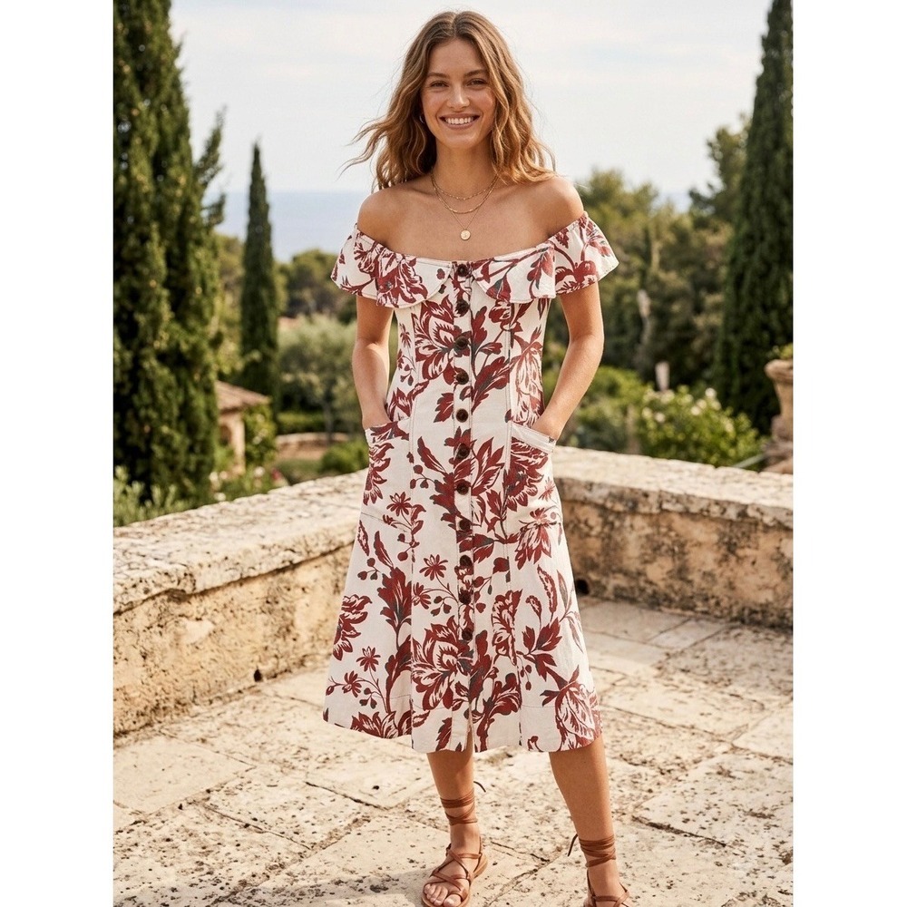 Anthropologie Floral Linen Blend Off Shoulder Button Front Midi Dress Red 0P
